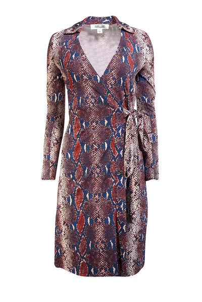 Diane von Furstenberg - Blue, Red, & White Snakeskin Print Silk Wrap Dress Sz 2 - Current Boutique
