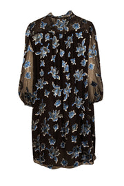 Current Boutique-Diane von Furstenberg - Black & Blue Floral Print Silk Chiffon Dress Sz L