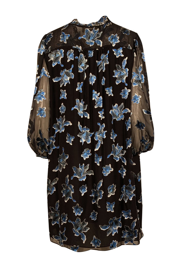 Current Boutique-Diane von Furstenberg - Black & Blue Floral Print Silk Chiffon Dress Sz L