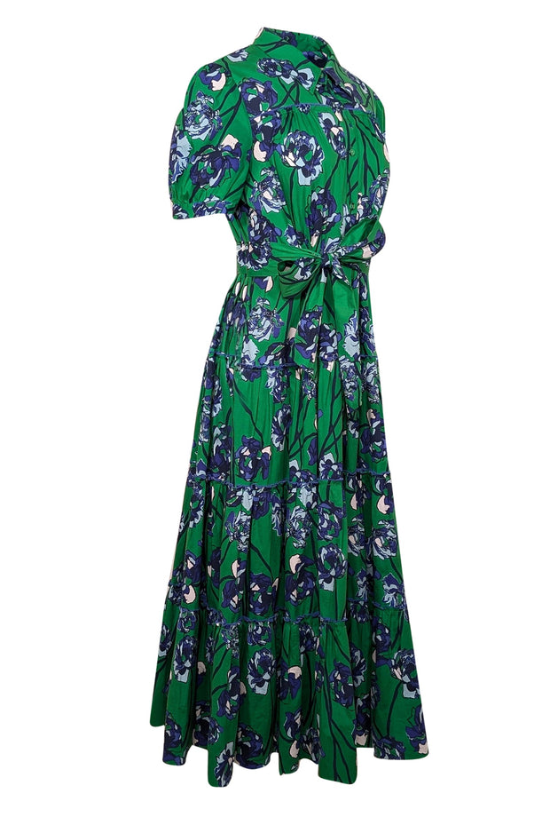 Current Boutique-Diane von Furstenberg - Green & Blue Floral Short Sleeve Collared Maxi Dress Sz L
