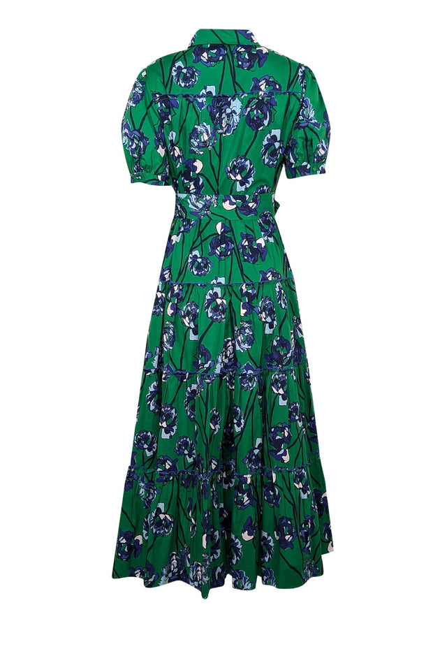 Current Boutique-Diane von Furstenberg - Green & Blue Floral Short Sleeve Collared Maxi Dress Sz L