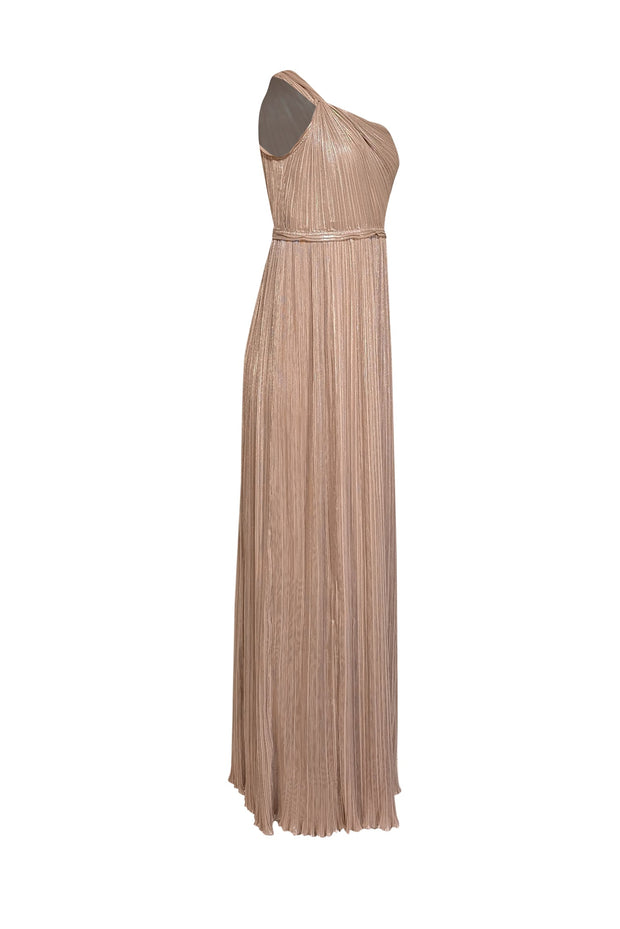 Current Boutique-Diane von Furstenberg - Champagne Gold Plisse "Lucielle" One Shoulder Formal Dress Sz 6