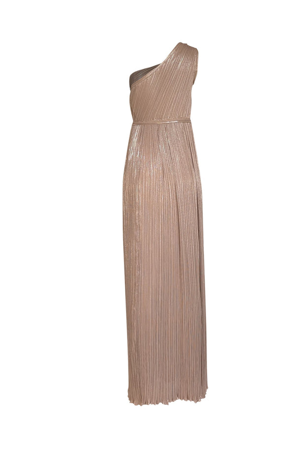 Current Boutique-Diane von Furstenberg - Champagne Gold Plisse "Lucielle" One Shoulder Formal Dress Sz 6