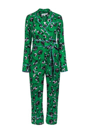 Current Boutique-Diane von Furstenberg - Green w/ Floral Print Detail Wrap Jumpsuit Sz 2