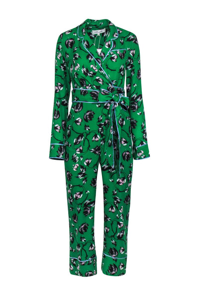 Current Boutique-Diane von Furstenberg - Green w/ Floral Print Detail Wrap Jumpsuit Sz 2