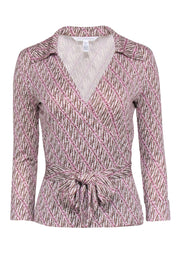 Current Boutique-Diane von Furstenberg -Ivory, Pink, & Brown Wrap Top Sz 8