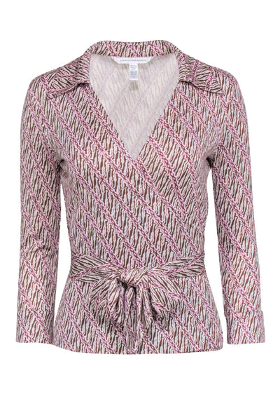 Current Boutique-Diane von Furstenberg -Ivory, Pink, & Brown Wrap Top Sz 8
