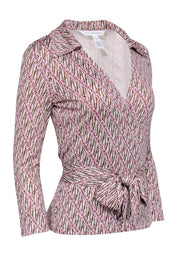 Current Boutique-Diane von Furstenberg -Ivory, Pink, & Brown Wrap Top Sz 8
