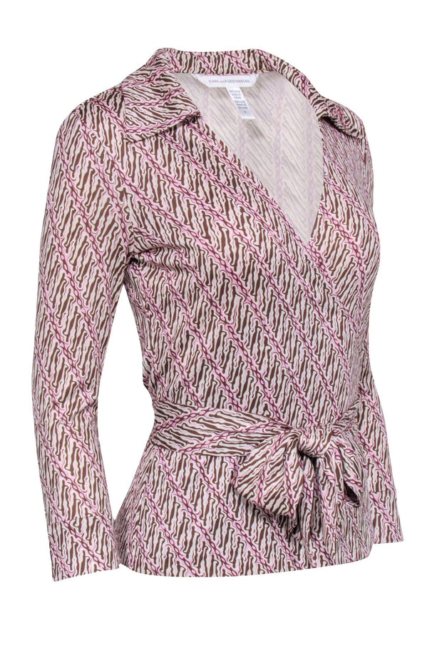 Current Boutique-Diane von Furstenberg -Ivory, Pink, & Brown Wrap Top Sz 8