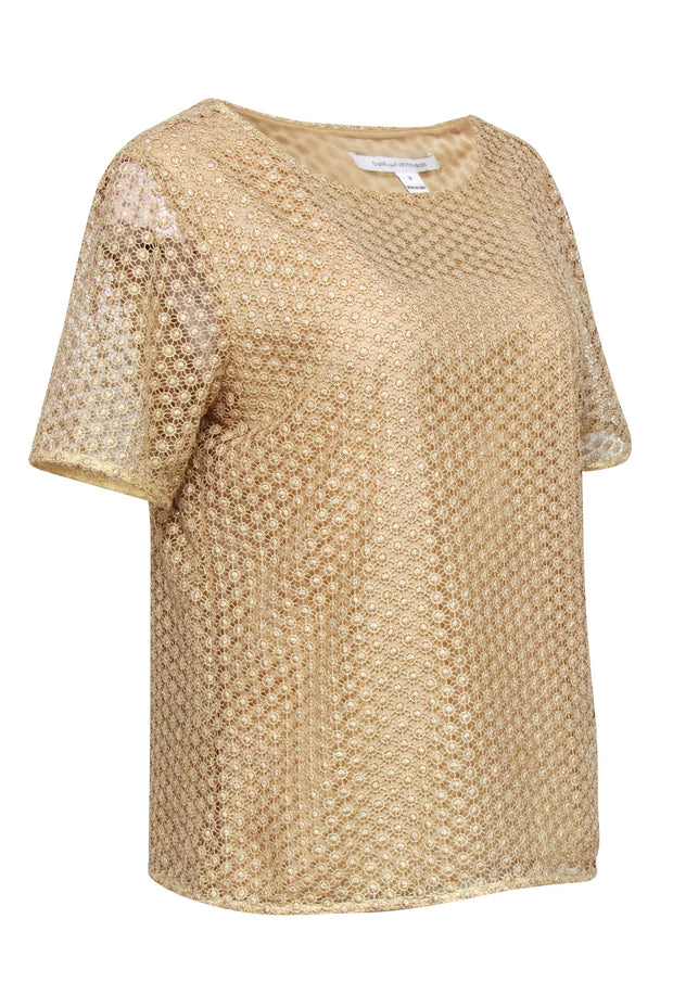 Current Boutique-Diane von Furstenberg - Gold Metallic Lace Short Sleeve Top Sz M