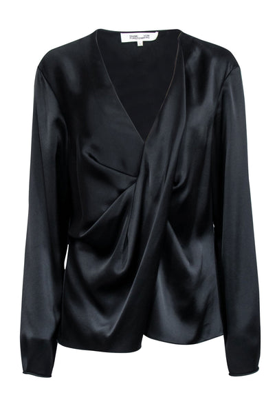 Current Boutique-Diane von Furstenberg - Black Satin Draped V-Neckline Blouse Sz L