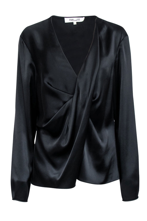 Current Boutique-Diane von Furstenberg - Black Satin Draped V-Neckline Blouse Sz L