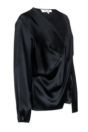 Current Boutique-Diane von Furstenberg - Black Satin Draped V-Neckline Blouse Sz L