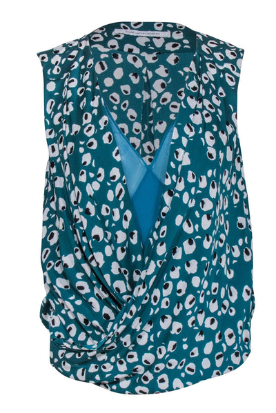 Current Boutique-Diane von Furstenberg - Teal Green Leopard Print Faux Wrap Front Tp Sz P