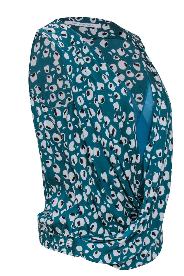 Current Boutique-Diane von Furstenberg - Teal Green Leopard Print Faux Wrap Front Tp Sz P
