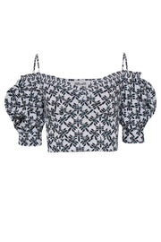 Current Boutique-Diane von Furstenberg - White, Black, & Teal Print Crop Top Sz S