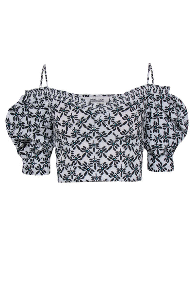 Current Boutique-Diane von Furstenberg - White, Black, & Teal Print Crop Top Sz S