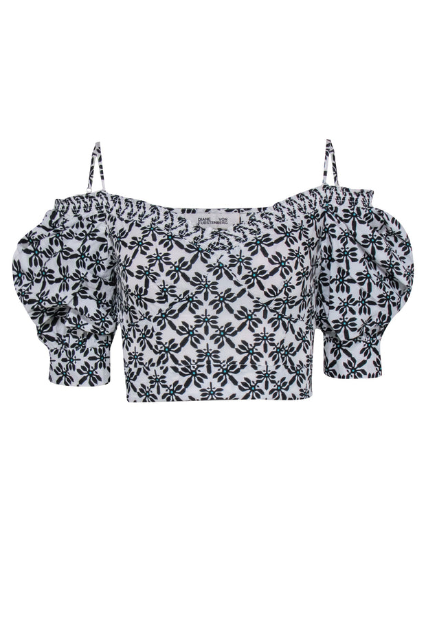 Current Boutique-Diane von Furstenberg - White, Black, & Teal Print Crop Top Sz S