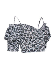 Current Boutique-Diane von Furstenberg - White, Black, & Teal Print Crop Top Sz S