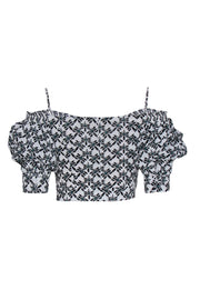 Current Boutique-Diane von Furstenberg - White, Black, & Teal Print Crop Top Sz S