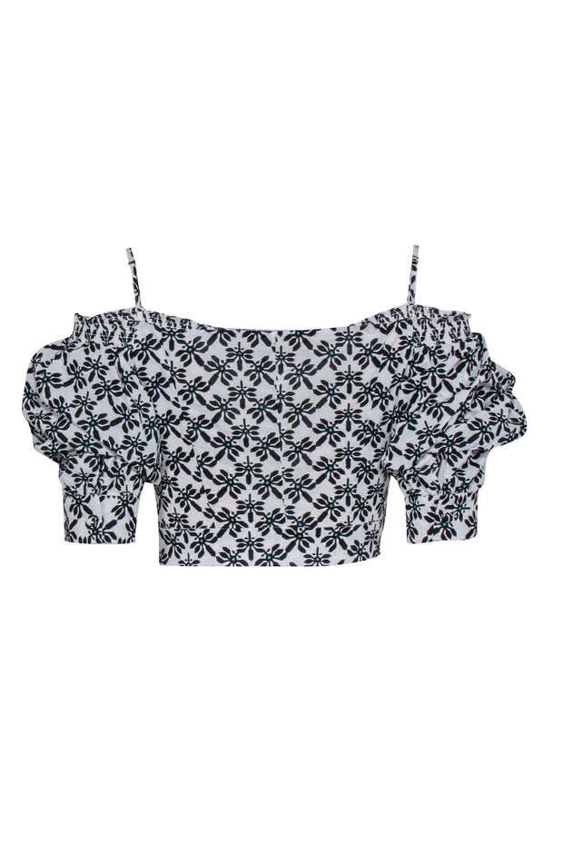 Current Boutique-Diane von Furstenberg - White, Black, & Teal Print Crop Top Sz S