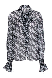 Current Boutique-Diane von Furstenberg - Sheer Black & White Zebra Print Blouse w/ Front Tie Sz XL