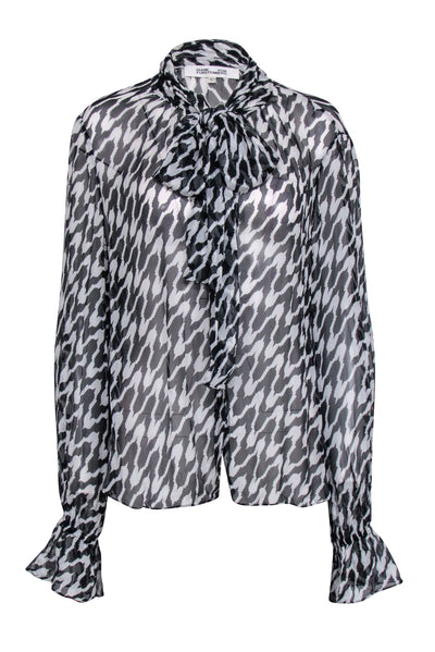 Current Boutique-Diane von Furstenberg - Sheer Black & White Zebra Print Blouse w/ Front Tie Sz XL