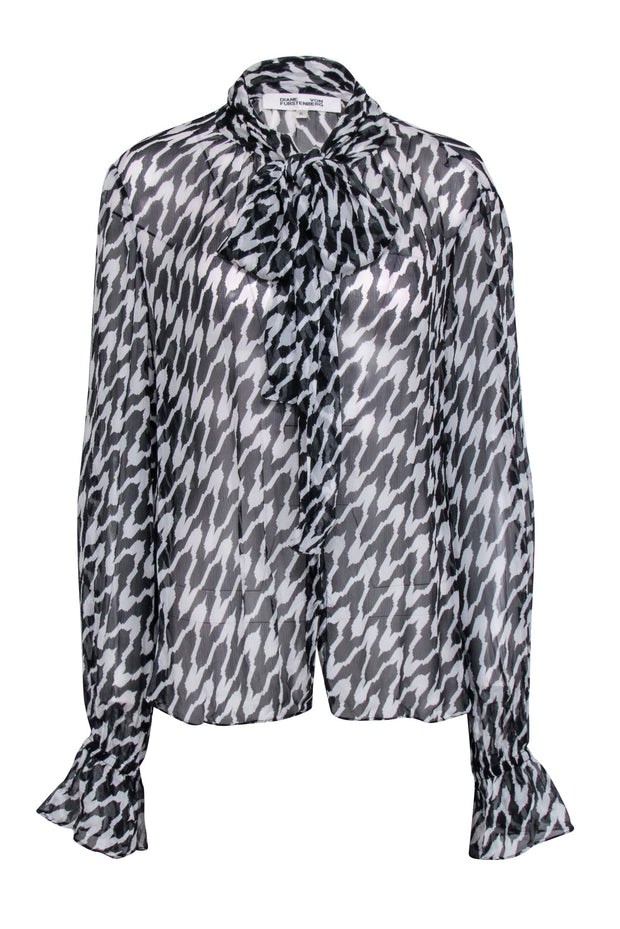 Current Boutique-Diane von Furstenberg - Sheer Black & White Zebra Print Blouse w/ Front Tie Sz XL