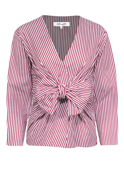 Current Boutique-Diane von Furstenberg - Maroon & White Striped Tie Front Top Sz XS