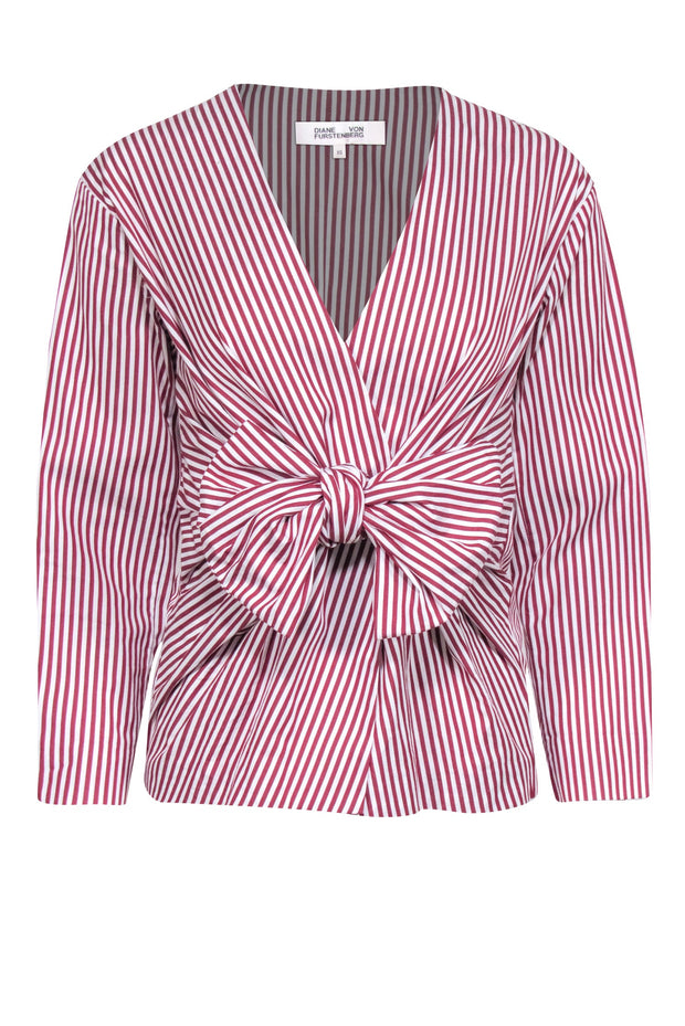 Current Boutique-Diane von Furstenberg - Maroon & White Striped Tie Front Top Sz XS