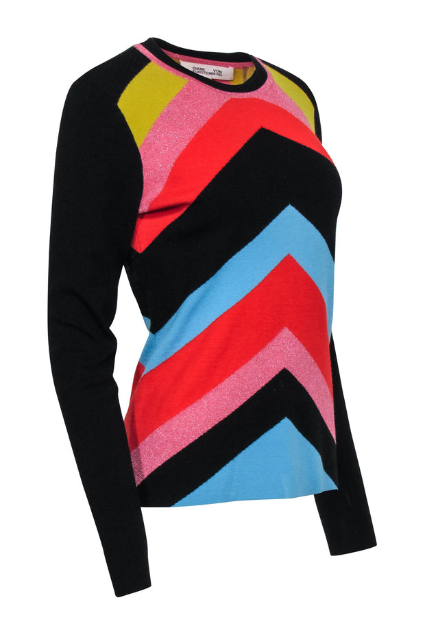 Current Boutique-Diane von Furstenberg - Black & Multi Color Metallic Print Sweater Sz M