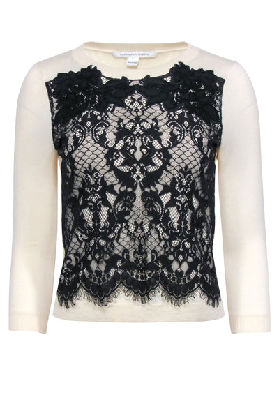 Current Boutique-Diane von Furstenberg - Ivory Wool Blend Sweater w/ Black Lace Detail Sz P
