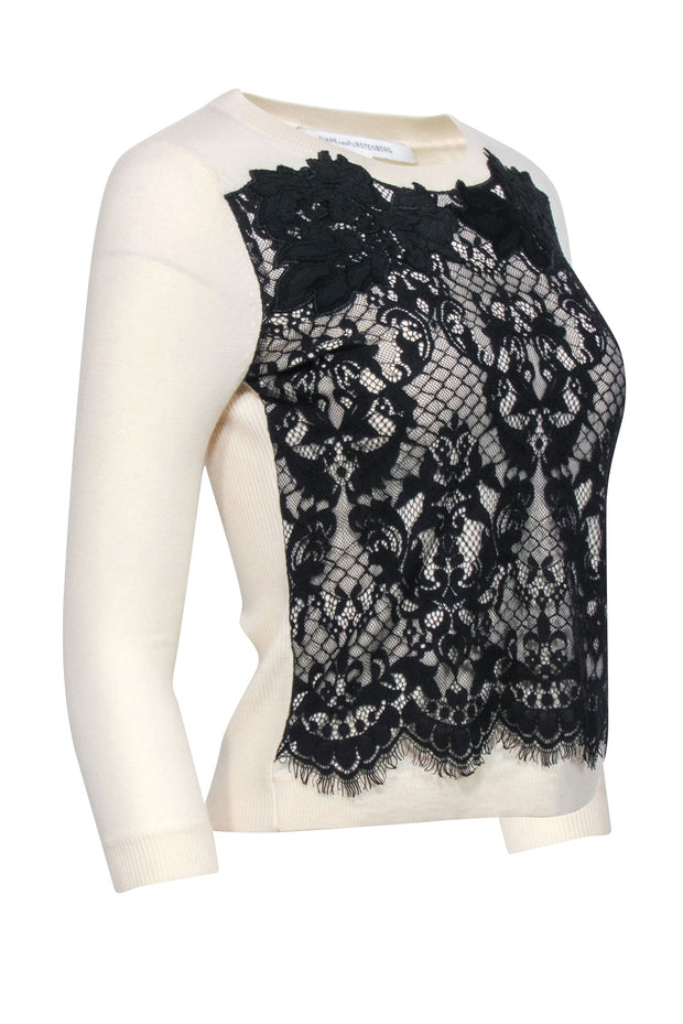Current Boutique-Diane von Furstenberg - Ivory Wool Blend Sweater w/ Black Lace Detail Sz P