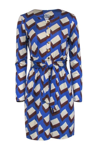 Current Boutique-Diane von Furstenberg - Blue & Brown Patterned Long Sleeve Tie-Waist Dress Sz 10