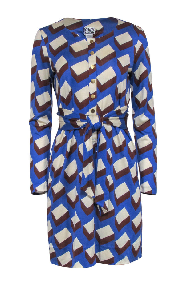 Current Boutique-Diane von Furstenberg - Blue & Brown Patterned Long Sleeve Tie-Waist Dress Sz 10