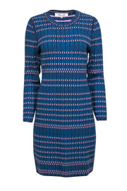 Current Boutique-Diane von Furstenberg - Blue & Purple Knit Long Sleeve Sheath Dress Sz L