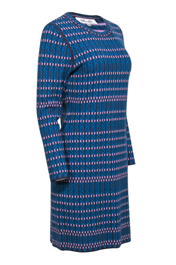 Current Boutique-Diane von Furstenberg - Blue & Purple Knit Long Sleeve Sheath Dress Sz L