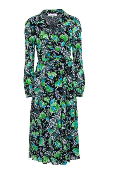 Current Boutique-Diane von Furstenberg - Black & Green Floral Long Sleeve Wrap Dress Sz M