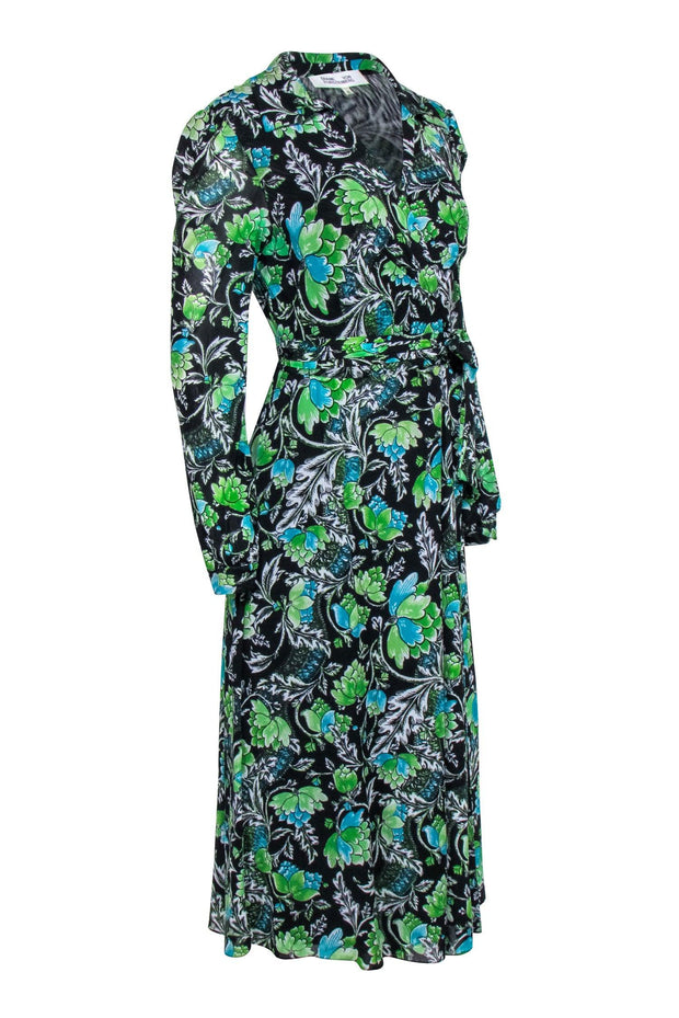 Current Boutique-Diane von Furstenberg - Black & Green Floral Long Sleeve Wrap Dress Sz M
