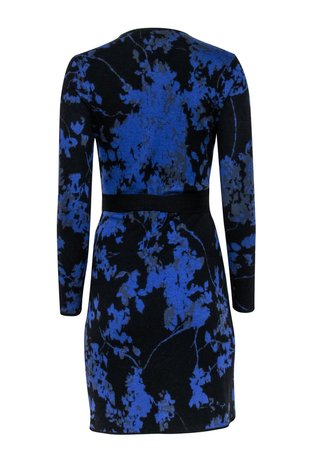Current Boutique-Diane von Furstenberg - Blue, Black & Grey Floral Merino Wool Knit Wrap Dress Sz P