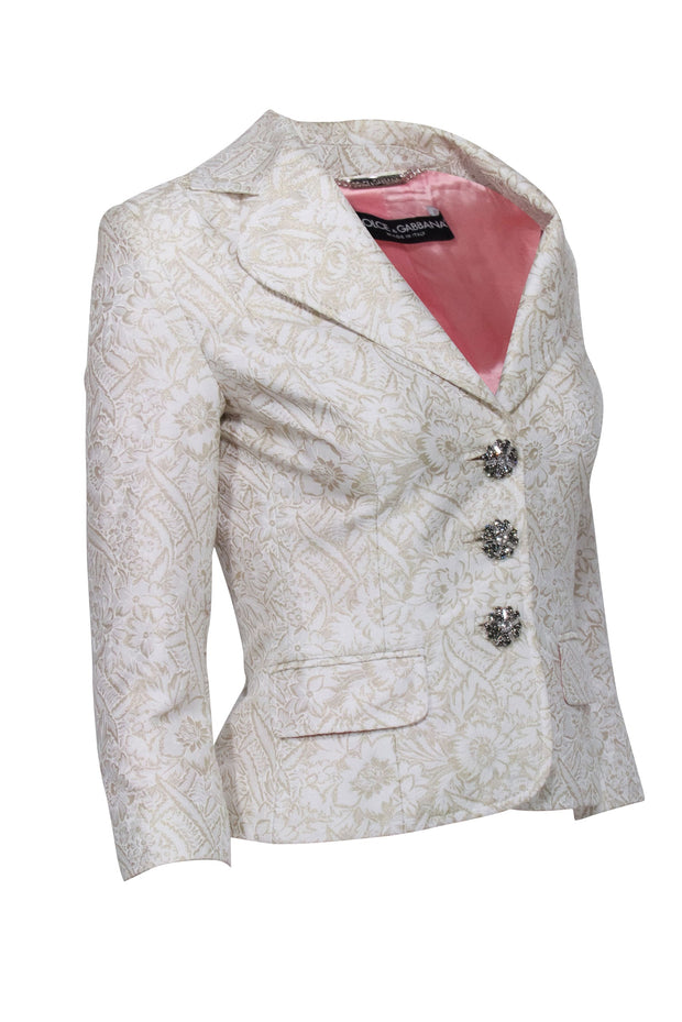 Current Boutique-Dolce & Gabbana - Gold Brocade Crop Sleeve Blazer w/ Jeweled Buttons Sz 2