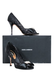 Current Boutique-Dolce & Gabbana - Black Lace Open Peep Toe Pumps w/ Bow Detail 6.5