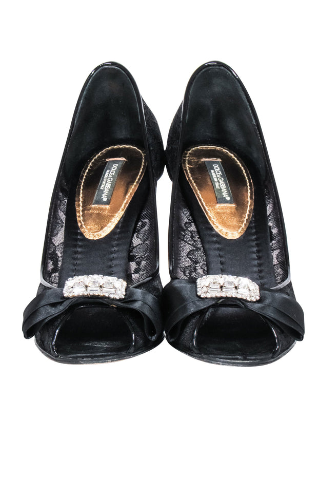Current Boutique-Dolce & Gabbana - Black Lace Open Peep Toe Pumps w/ Bow Detail 6.5