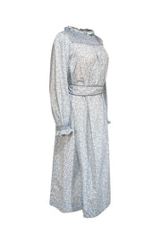 Current Boutique-Dondolo - White & Blue Floral Print Cotton Midi Dress w/ Smocked High Neck Sz S