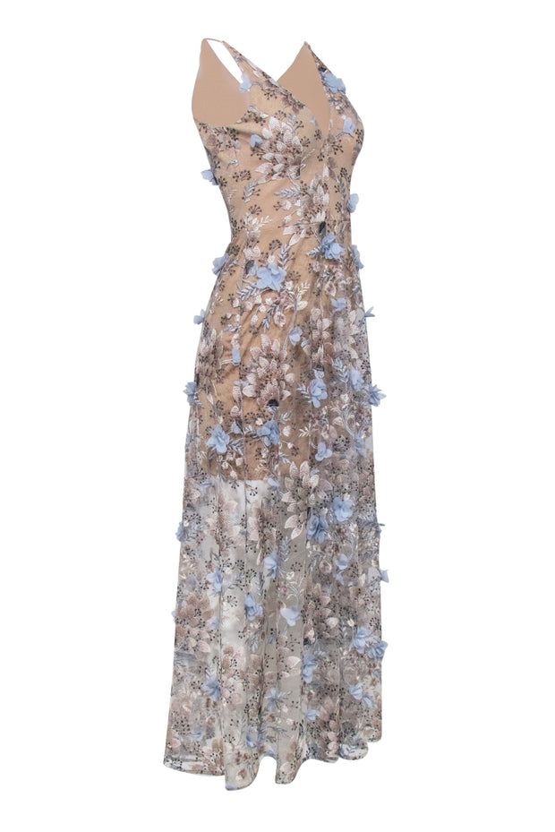 Current Boutique-Dress the Population - Tan Sleeveless w/ 3D Flowers 'Sidney Gown' Maxi Dress Sz S