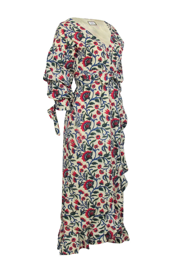 Current Boutique-Eddy - Cream w/ Scarlet & Blue Floral Print Midi Wrap Dress Sz S