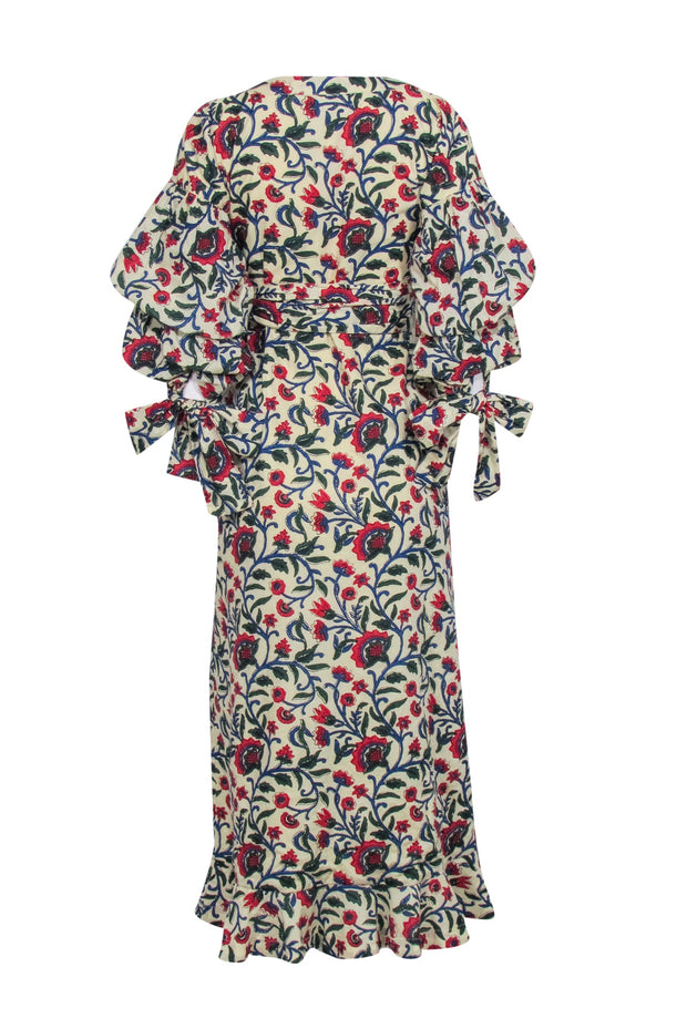 Current Boutique-Eddy - Cream w/ Scarlet & Blue Floral Print Midi Wrap Dress Sz S