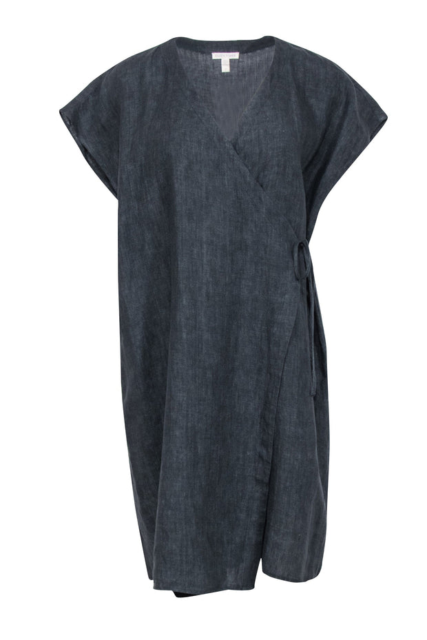 Current Boutique-Eileen Fisher - Dark Grey Chambray Organic Linen Wrap Dress Sz S
