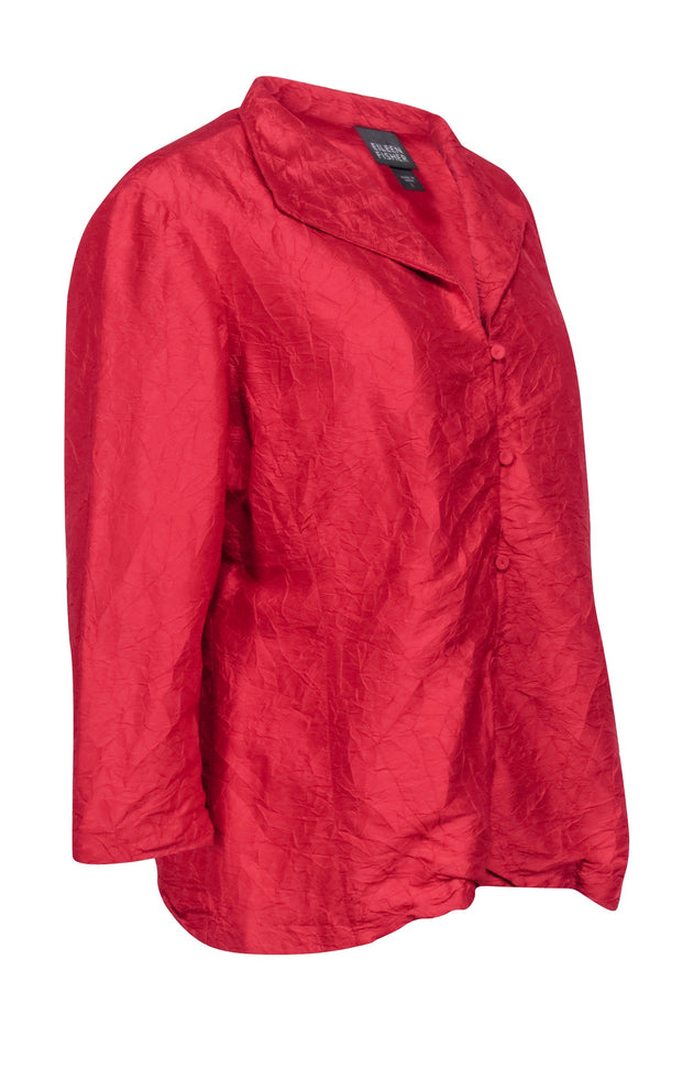 Current Boutique-Eileen Fisher - Red Crushed Silk Button Down Blouse Sz L