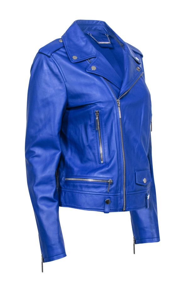 Current Boutique-Elie Tahari - Cobalt Blue Leather Moto Jacket Sz M